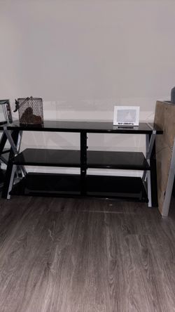 Whalen Xavier 3-in-1 TV Stand – Black Tempered Glass Shelves (3-Tier Metal Frame)