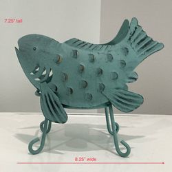 Freshly Painted Coastal Sage Metal Fish Candleholder in a Shabby Chalk Finish w/ New Vanilla Candle