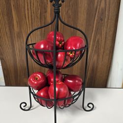2 tier fruit basket black iron fake apples included 