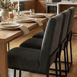 Two upholstered chairs for dining chairs  Modern, linen kitchen chair, dinner chair  With black metal base for kitchen or office, dark gray