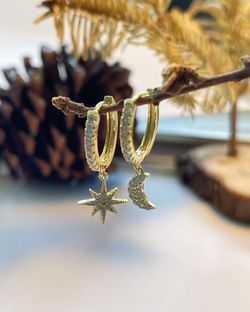 Super Gorgeous S925 Cubic Zirconia Brass earrings Cute Star & Moon Diamond Earrings 