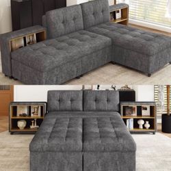 121” Gray Versatile Modular Sectional Sofa Bed with Dual Storage Shelves [NEW IN BOX]
