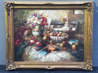 Large Hand Painted Oil Painting Floral Still Life Violin Piano Signed Robbins