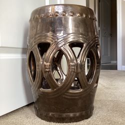 Bronze Metallic Double Coin Design Chinese Porcelain Garden Stool 16”T x 10”round (SEE ALL PHOTOS!)