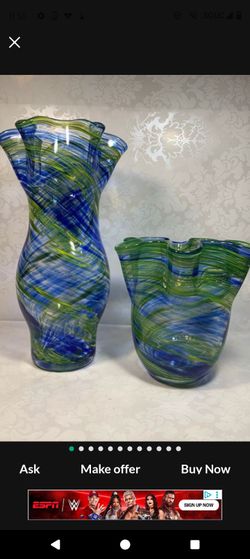 Hand Blown Glass Vases Blue Green Swirl Set of 2