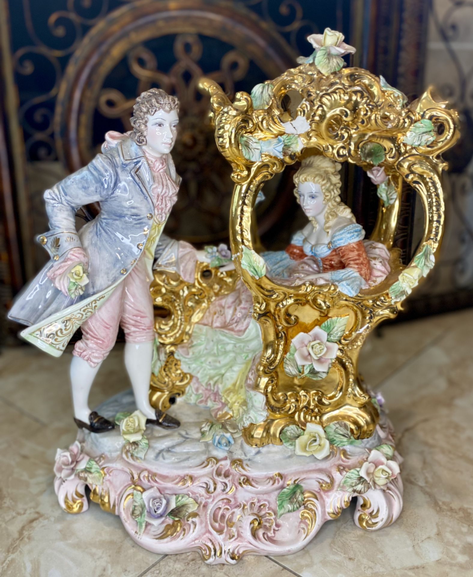 Large Vintage Porcelain Golden Capodimonte Lamp Figurine Lady & Man Carriage Flowers Made in Italy.
