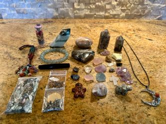 Assorted Crystal Stones including towers, heart, palm stone, tumbles, bracelet, pendant necklace, carvings, chips and more