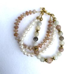 Moonstone & Pearls Triple Strand Stack Bracelet Gold