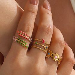 3pcs Stainless Steel Minimalist Colorful Enamel Round Floral Open Ring Set, Suitable For Women's Daily And Festival Wear