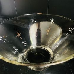 Vintage 1950's Mid Century Christmas Serving Bowl with Gold Starbursts and White Snowflakes