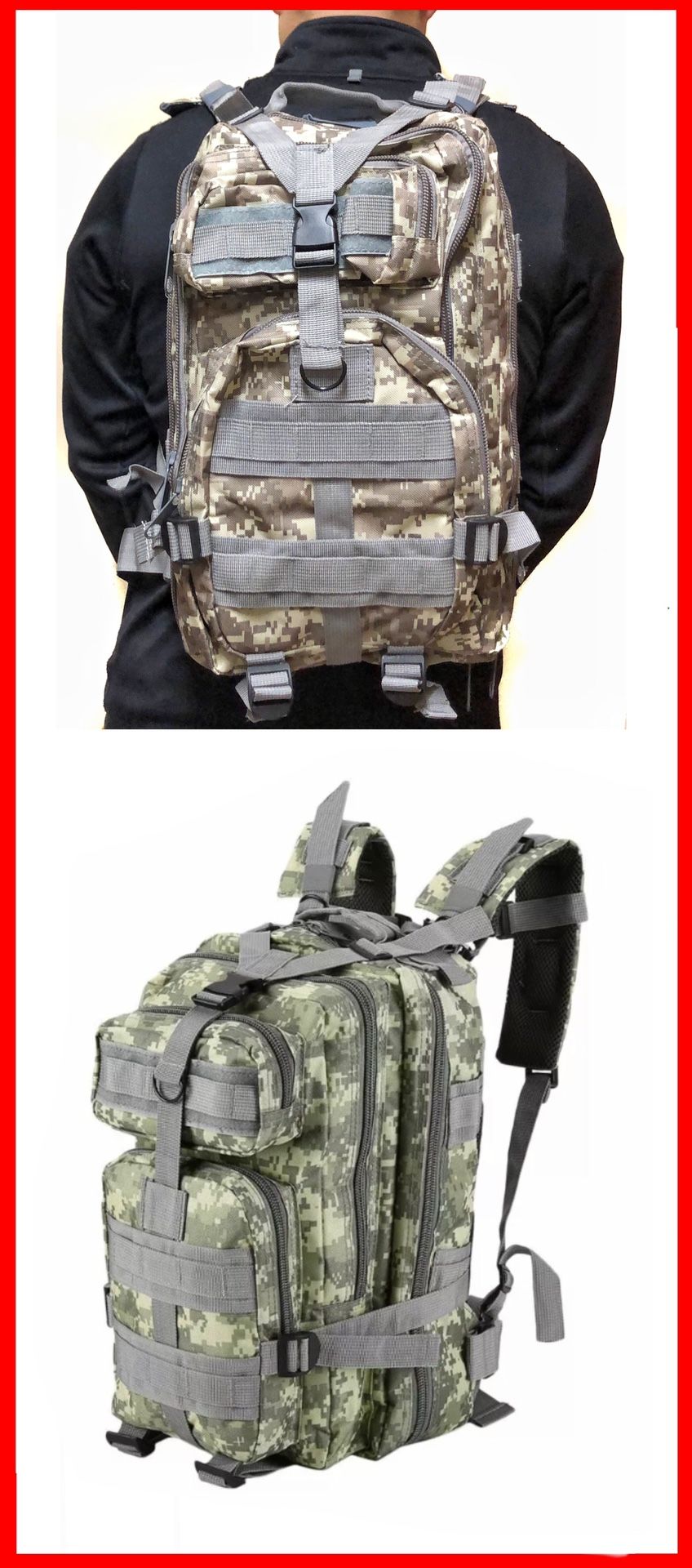 NEW! Camouflage Tactical Military style Backpack travel bag work bag hiking biking camping hydration bag school bag gym bag molle