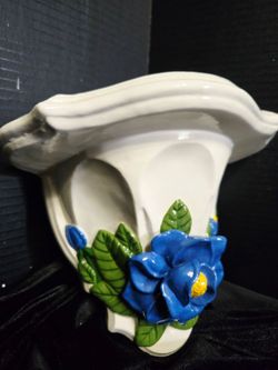 Mid 20th Century America Art Pottery Ceramic Wall Shelf Signed JLW 3DBlue Flower