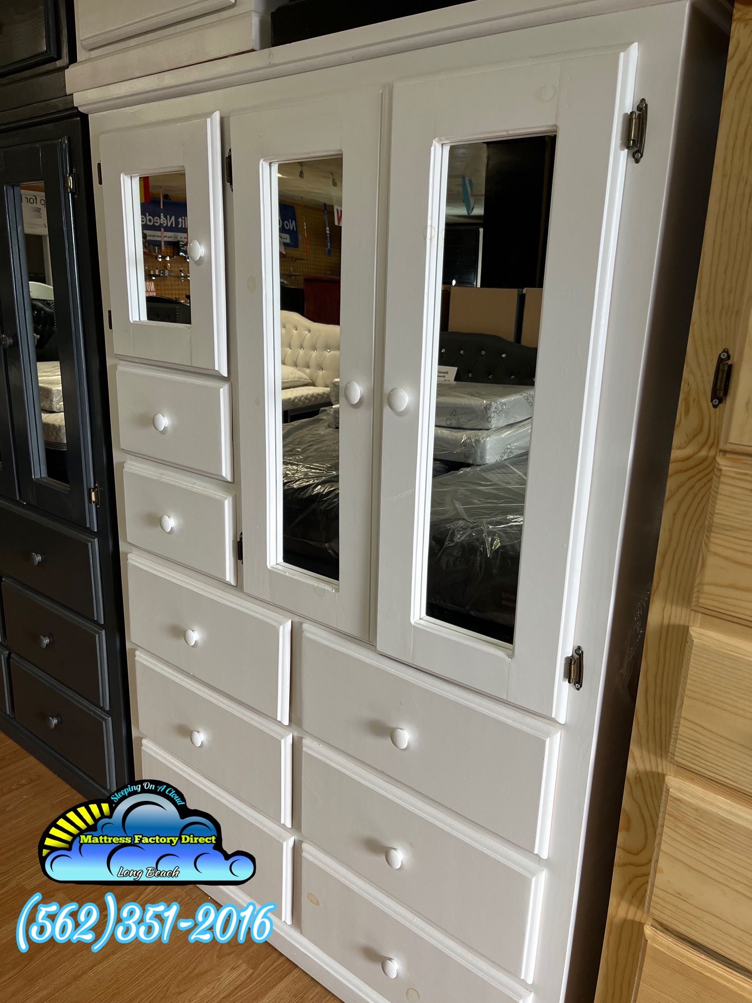 Jumbo White Pine Wood Wardrobe Ropero With Mirrors & 8 Drawers
