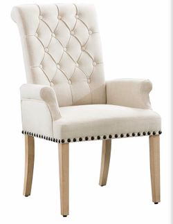 Dining Room Chairs with Arms,Tufted Upholstered Dining Chairs High Back Nailed Trim with Untique Oak Solid Wood Legs for Kitchen Restaurant Dining Roo