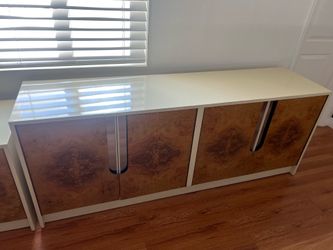 Mid-Century vintage Modern Burl Wood and White Lacquer Credenza dresser and 2 Nightstand Set