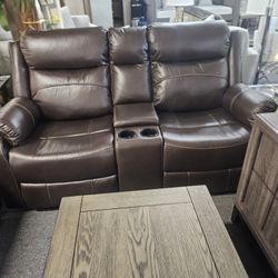 Brand New Brown Breathable Leatherette Manual Reclining Loveseat With Center Console And Cup Holder