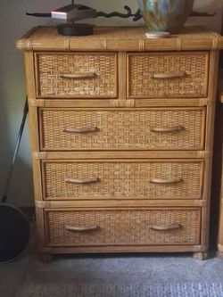 Vintage 5-Drawer Wicker Rattan Dresser Drawers