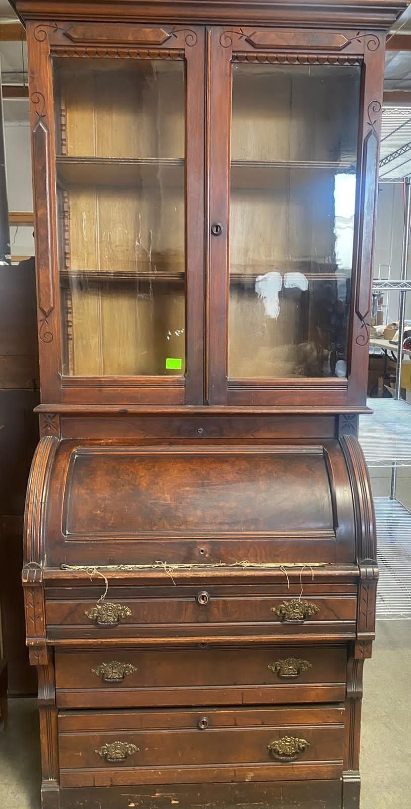 ANTIQUE VICTORIAN BURL WALNUT CYLINDER ROLL SECRETARY DESK.