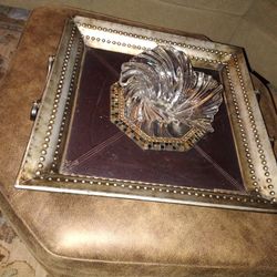 Crystal bowl, Stool Tray Leather And Hammered Meta,Leather Octagon Footstool