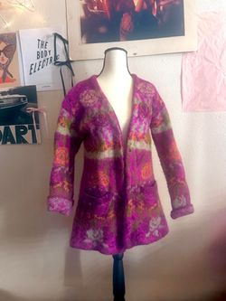 Wool Knit Open Front Cardigan Sweater Floral Fair Isle Fuchsia Green