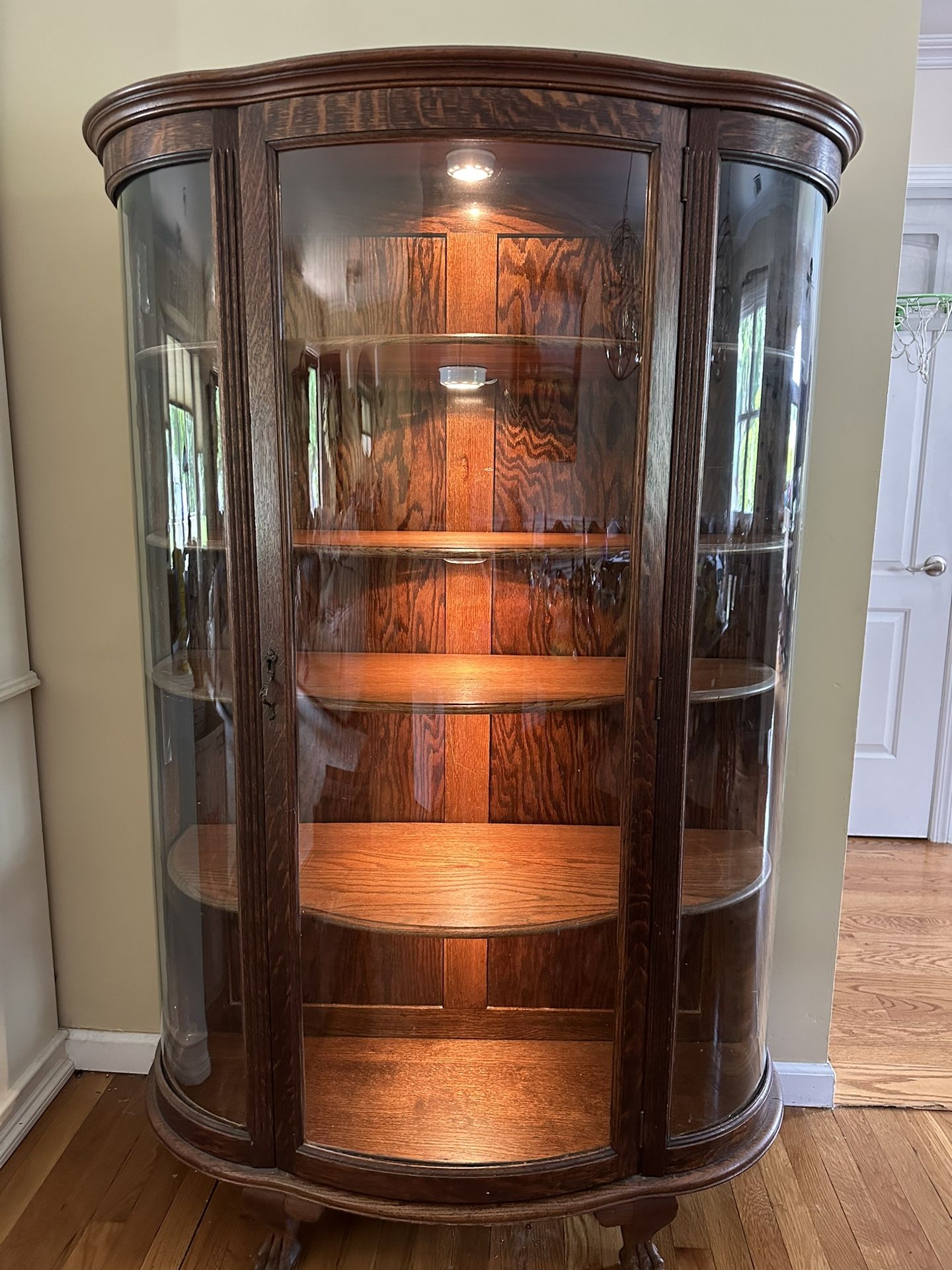 Antique Dark Oak Tiger Wood Lighted Curved Glass Curio China Cabinet