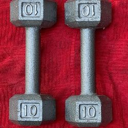 PAIR OF 10 LB. STEEL HEX DUMBBELLS 