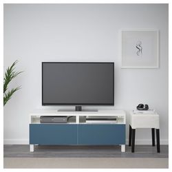 IKEA Besta TV media stand storage cabinet in white and turquoise blue with frosted glass top
