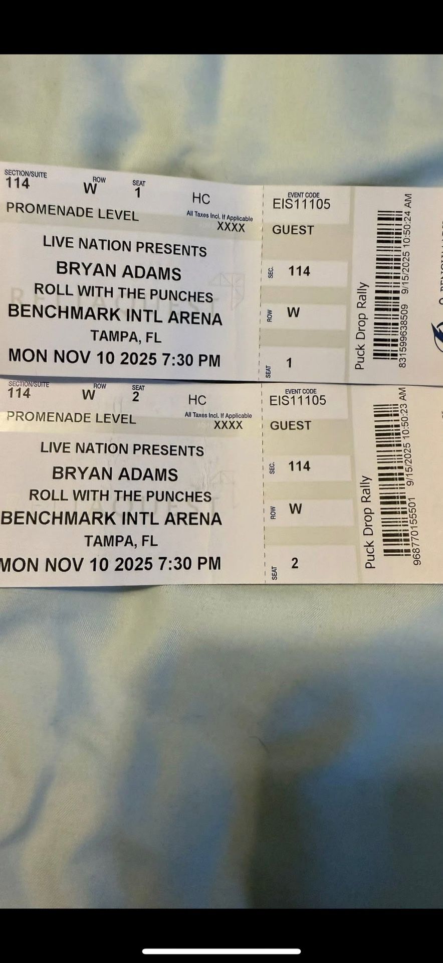 2 Bryan Adam Tickets Nov 10 $175 OBO Benchnark Arena , Tampa Florida
