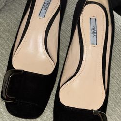 Prada Black Suede Buckle Heel Pumps