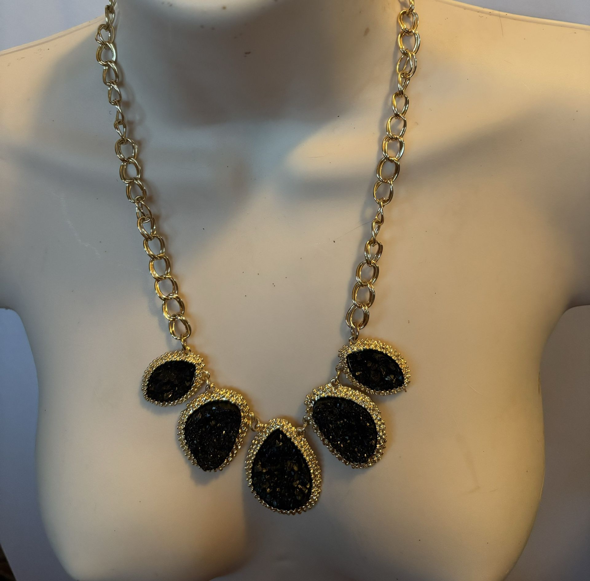 Black Druzy Gold Necklace Jewelry