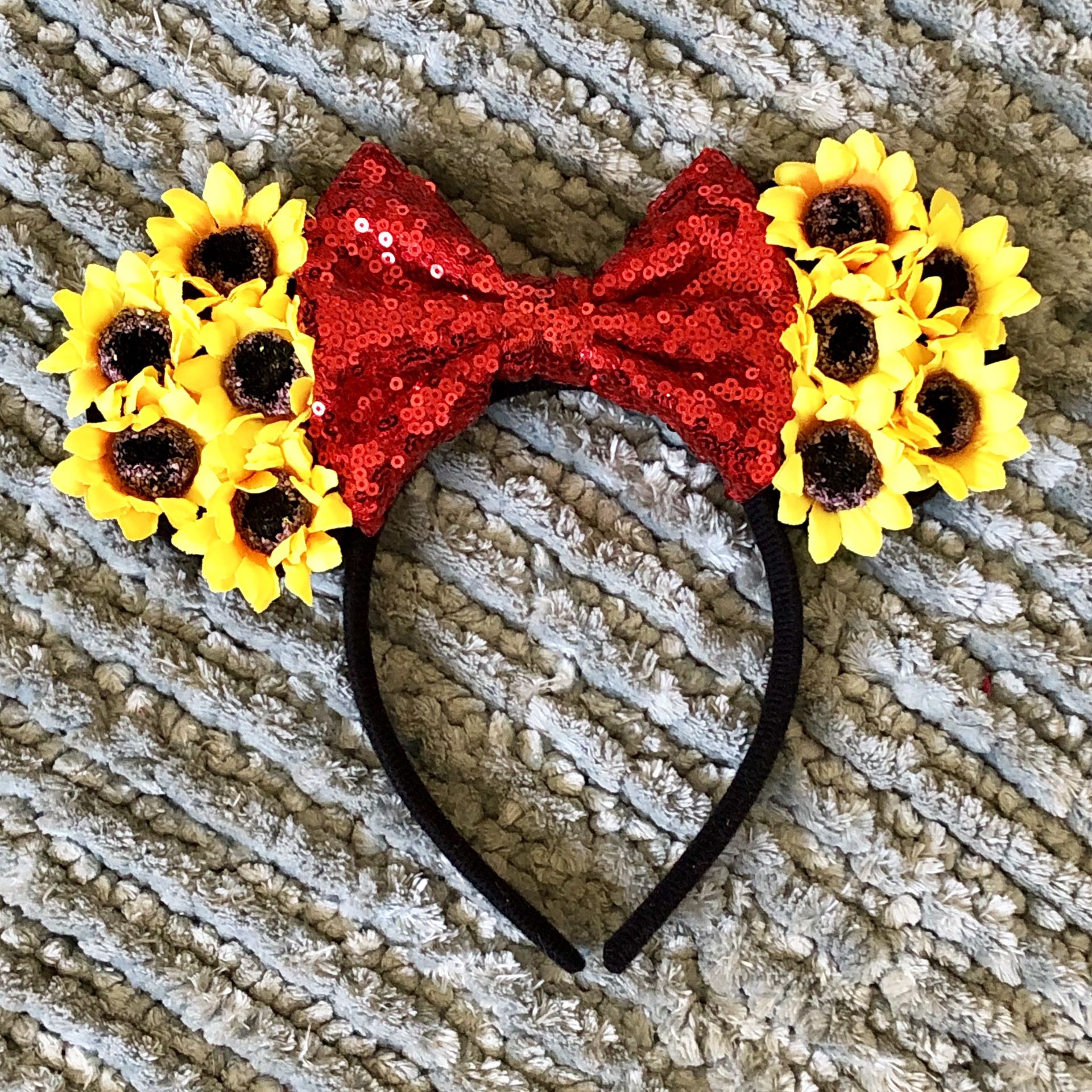 Minnie Mouse Yellow Sunflower 🌻 & Red Sequin Bow Headband Ears
