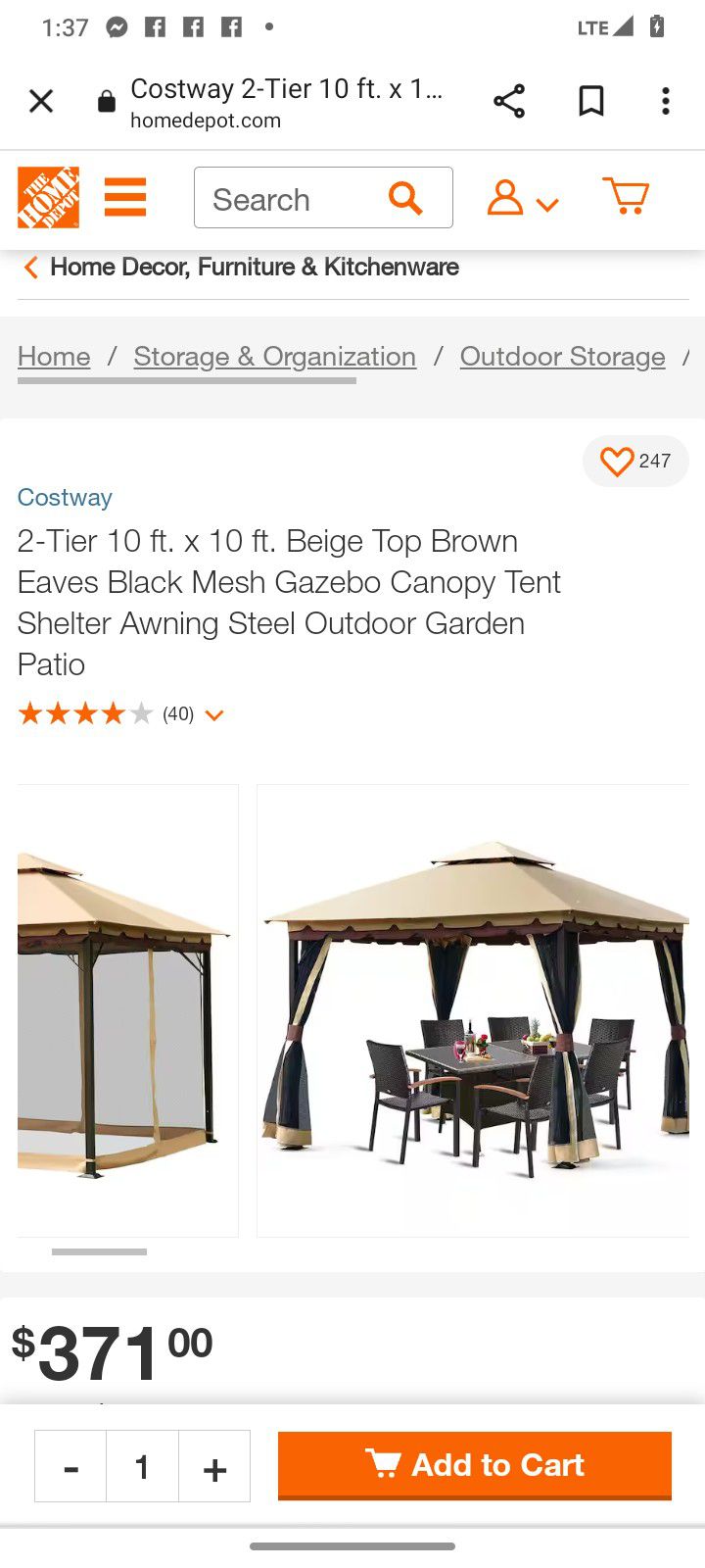 Beige Top Brown Garden Gazebo Canopy Tent Size 10x10 New $220