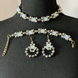 Natural Moonstone Choker w/ Bracelet & Earrings Set