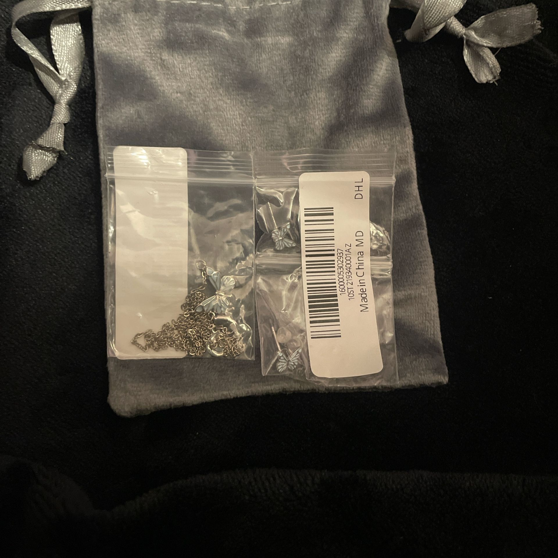 Silver Light Blue Butterfly Necklace And Earrings Set With Pouch 