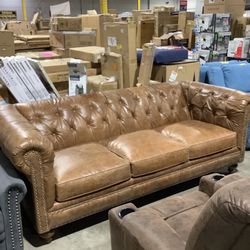 Home Decorators Collection Blakely 95 in. Arena Vintage Brown Leather 3 - Seater Chesterfield Sofa with Removable Cushions
