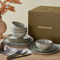 KINGSTONE 18pc Stoneware Dinner Service Set 6 Settings Matte Solid Green/Gray