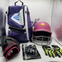 YOUTH BASEBALL EQUIPMENT LOT, Bat Helmet, Batting Gloves, Glove, Carrying Bag
