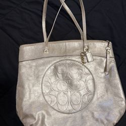 Coach Metallic Leather Tote – Large Embossed Logo Shoulder Bag