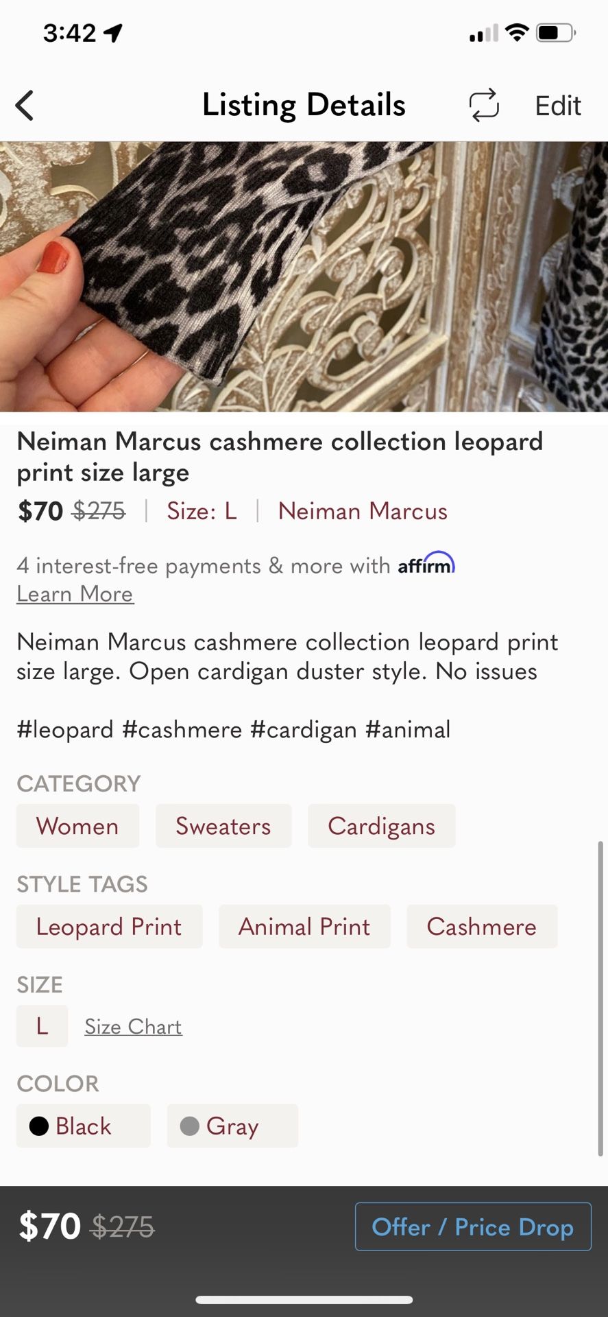 Neiman Marcus cashmere collection leopard print size large