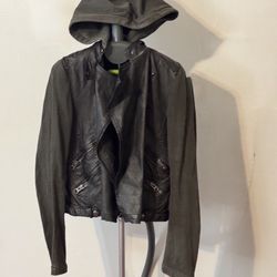  Title: Black Rivet Faux Leather and Knit Jacket with Hood (Size XL)  Description: Add a unique edge to your wardrobe with this Black Rivet faux leath