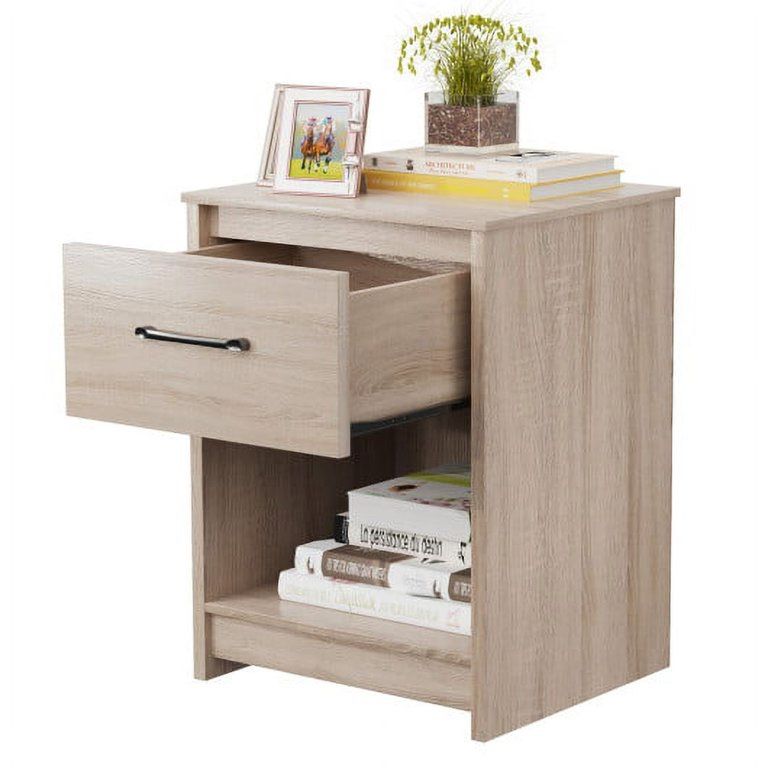 Wooden Nightstand with Drawer and Open Storage Compartment