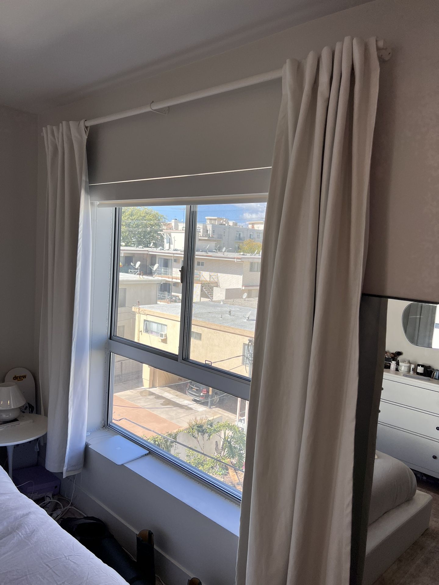 West Elm White Linen Blackout Curtains + Rod