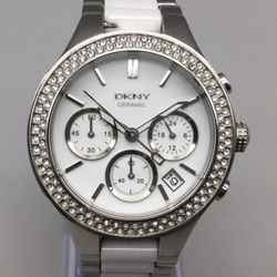 DKNY Ceramic Watch Women Pave Silver Tone Date 50M Chronograph New Battery 6.5"
