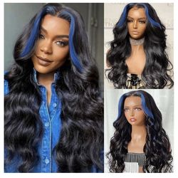 New Lace Front Wigs Black with Blue Streak 