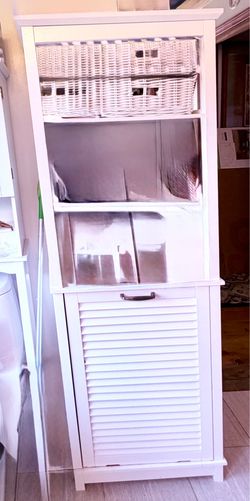 White Bathroom Storage Cabinet with Pull Out Laundry Hamper