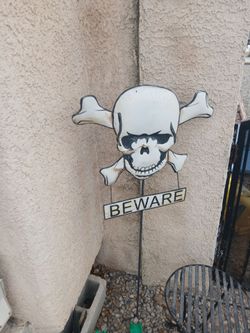 Large 54 inch Metal Skeleton Head Beware Sign