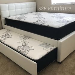 Full Twin White Trundle Bed With Ortho Mattress Included 