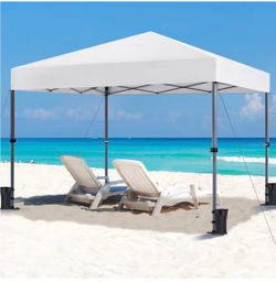 10x10 Pop Up Canopy Tent 1-Button One Person Quick Setup, White Portable Easy Set-up Commercial Gazebo Equipped with Wheeled Bag & 4 Sandbags, Fit for