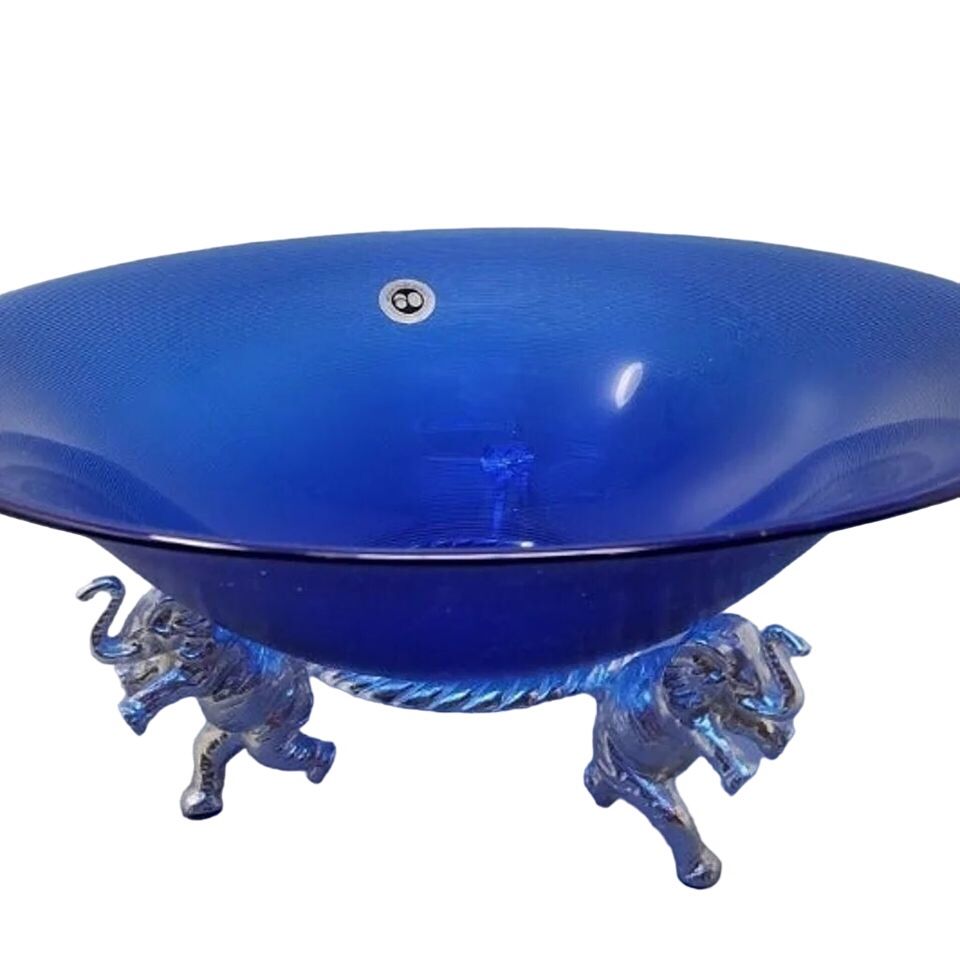 Vintage '92 Signed Arthur Court 15" Cobalt Blue Glass Bowl Made in Italy with Elephants Stand 