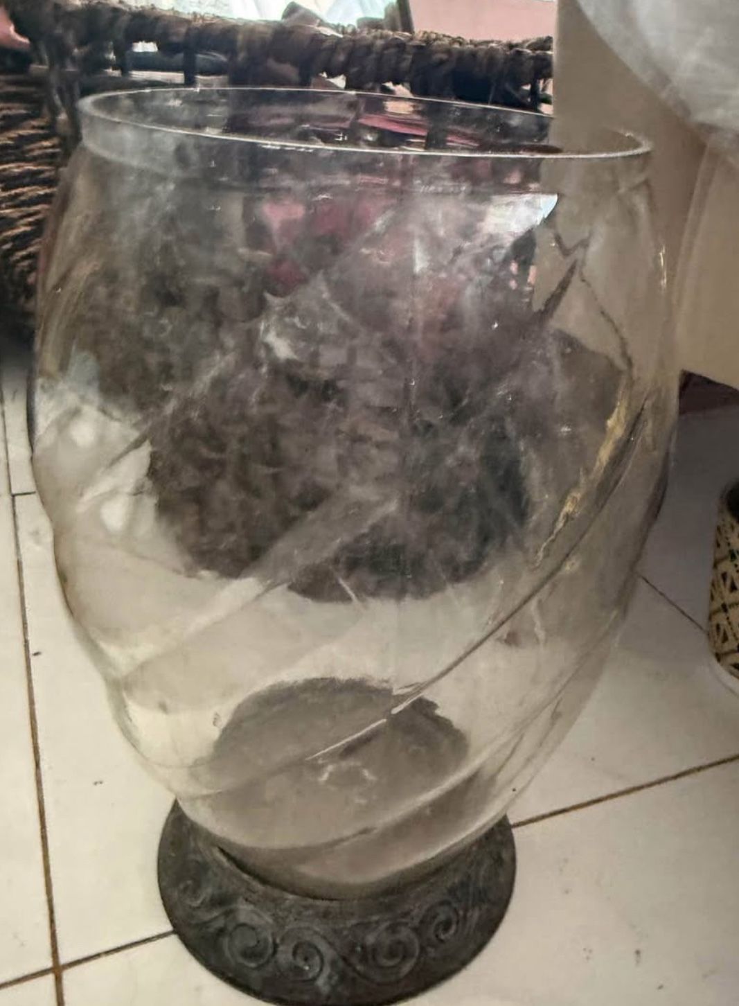 Crystal Jar Brass Base. 12” Vintage Decorative vase